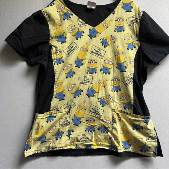 Despicable Me Minions Print v neck scrub short sleeve top Sz L - Picture 1 of 6